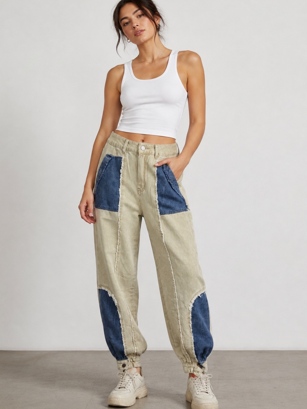 POL Denim High Rise Twill Patchwork Pants